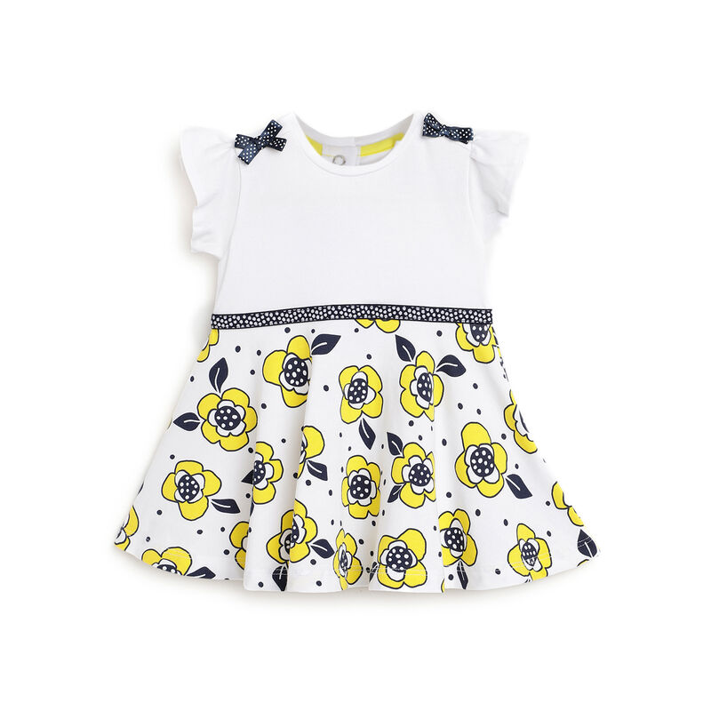 Girls White and Yellow Printed Short Sleeve Dress image number 0